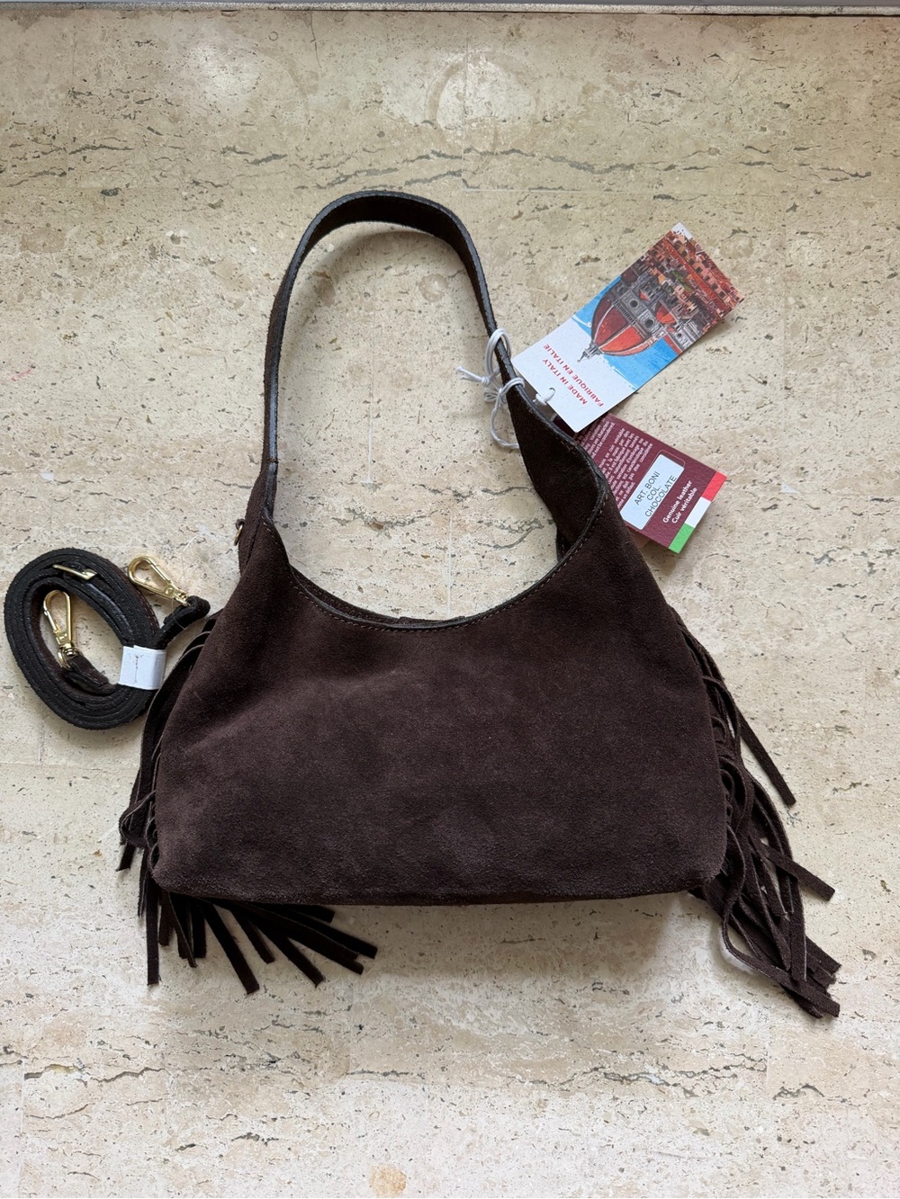 Isadora Made in Italy Brown Leather Fringe Hobo/Crescent Bag Boho, Western